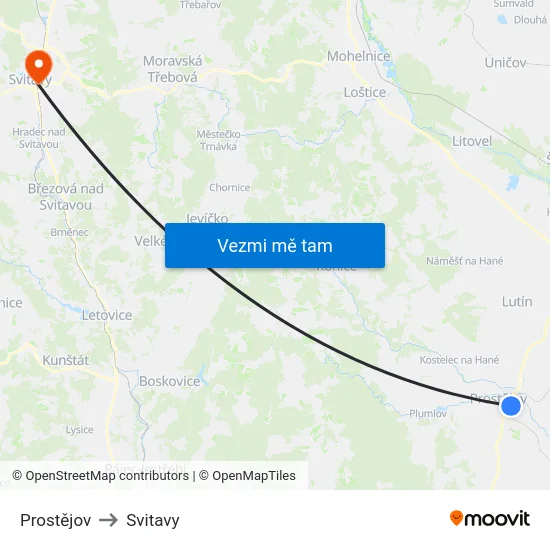 Prostějov to Svitavy map