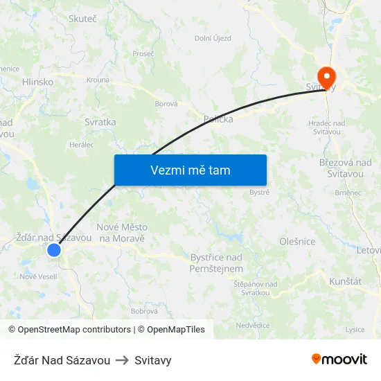 Žďár Nad Sázavou to Svitavy map