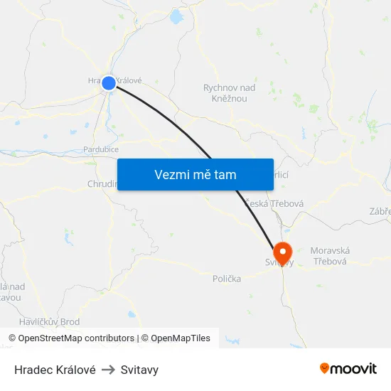 Hradec Králové to Svitavy map