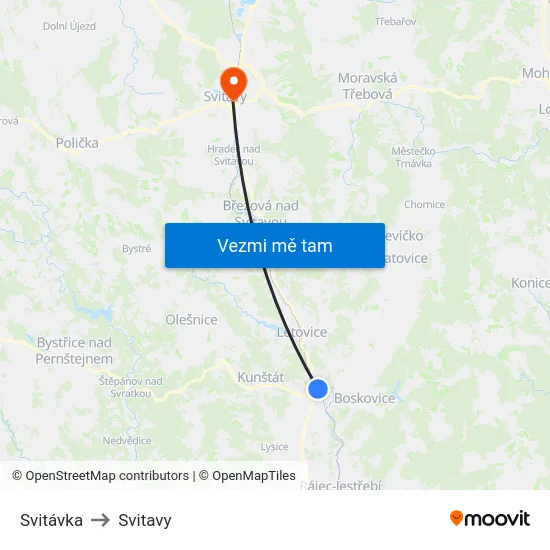 Svitávka to Svitavy map