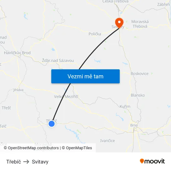 Třebíč to Svitavy map