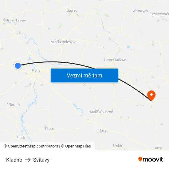 Kladno to Svitavy map