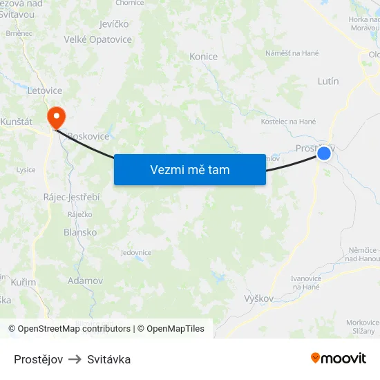Prostějov to Svitávka map