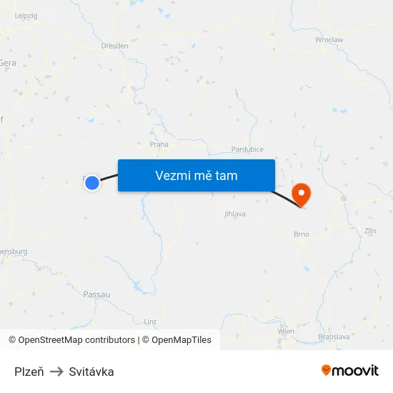 Plzeň to Svitávka map