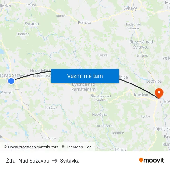 Žďár Nad Sázavou to Svitávka map