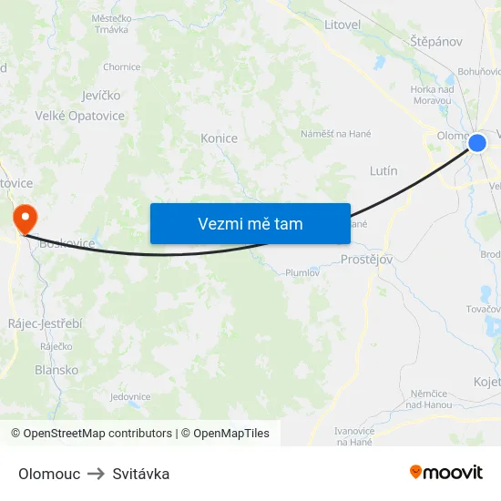 Olomouc to Svitávka map