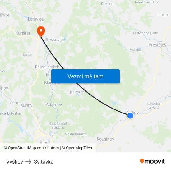 Vyškov to Svitávka map
