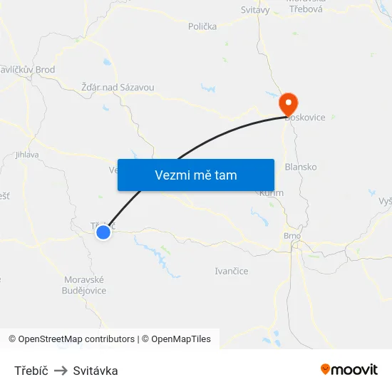 Třebíč to Svitávka map