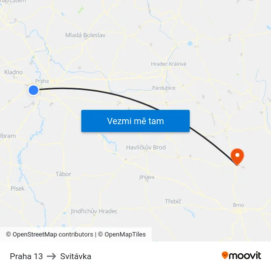 Praha 13 to Svitávka map