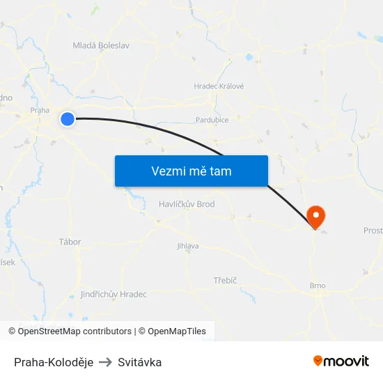Praha-Koloděje to Svitávka map