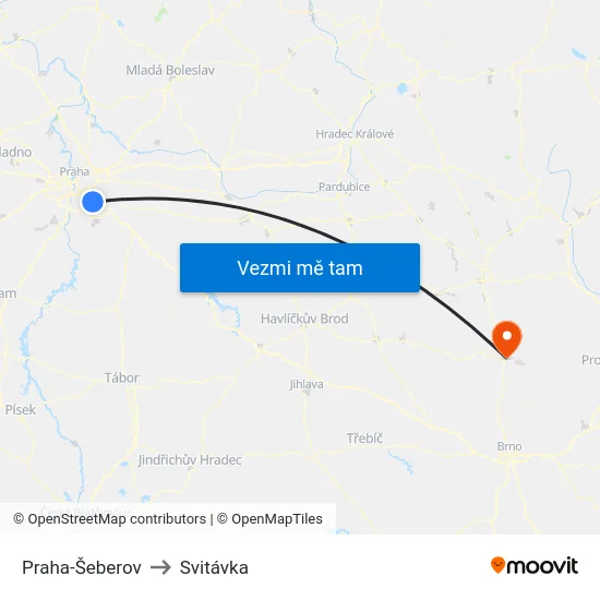 Praha-Šeberov to Svitávka map