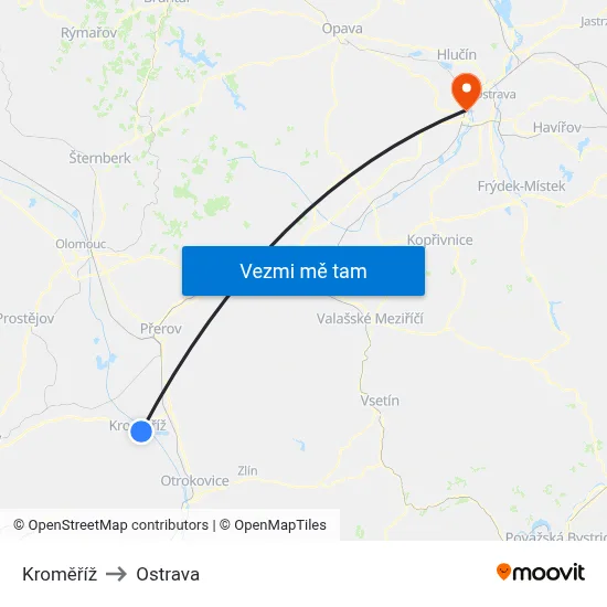 Kroměříž to Ostrava map