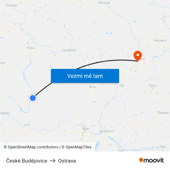 České Budějovice to Ostrava map
