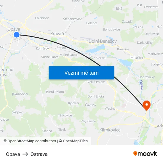 Opava to Ostrava map