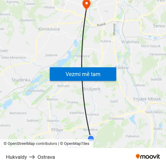Hukvaldy to Ostrava map