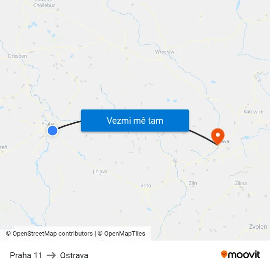 Praha 11 to Ostrava map