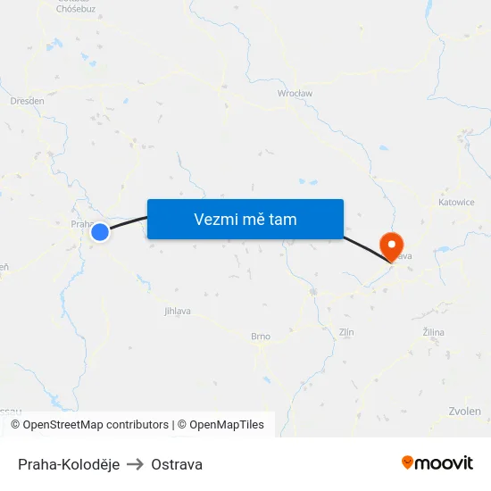Praha-Koloděje to Ostrava map