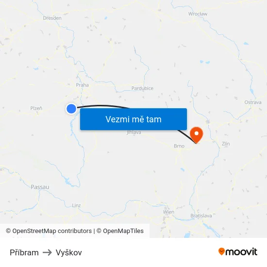 Příbram to Vyškov map