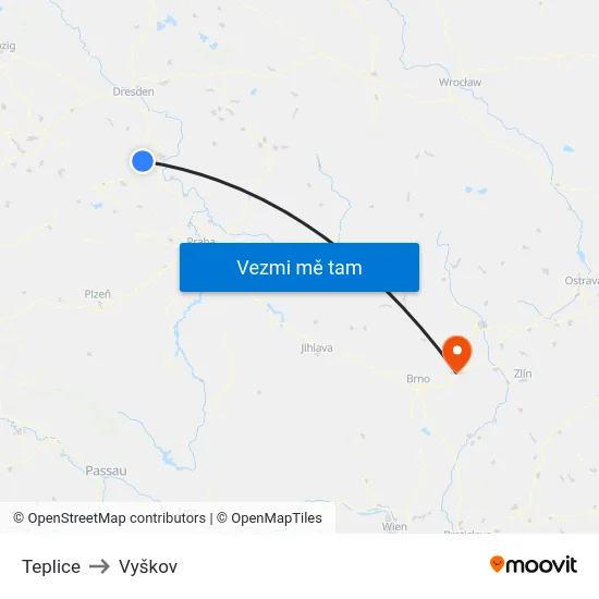 Teplice to Vyškov map