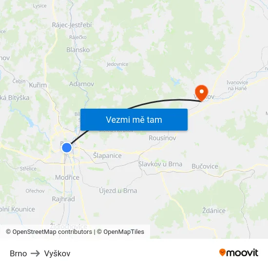 Brno to Vyškov map