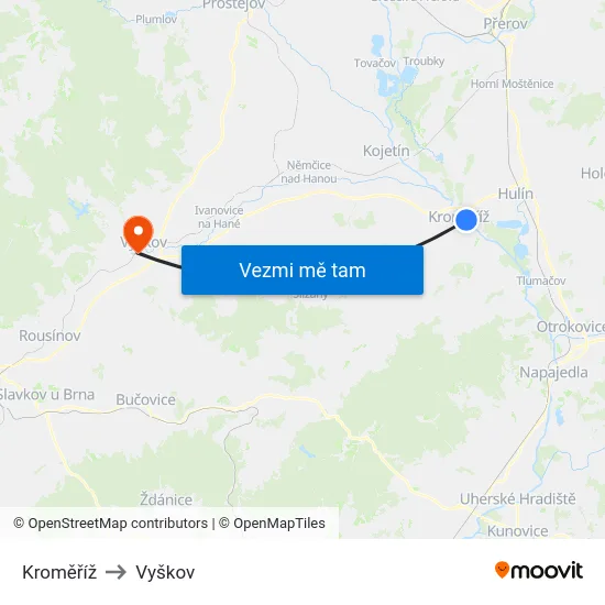 Kroměříž to Vyškov map