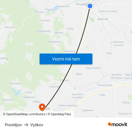 Prostějov to Vyškov map