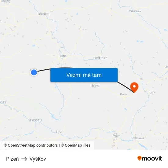 Plzeň to Vyškov map