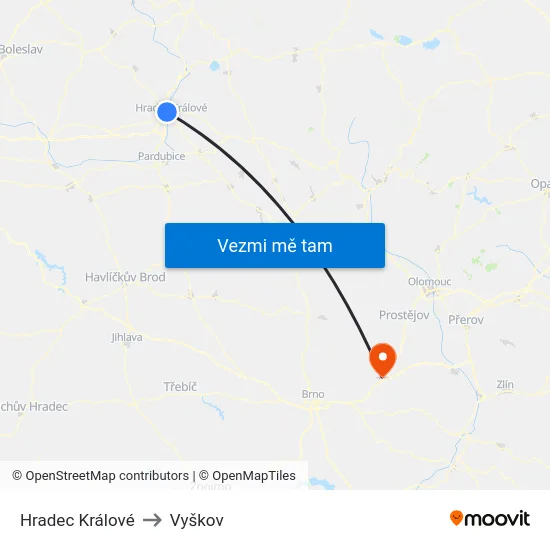 Hradec Králové to Vyškov map
