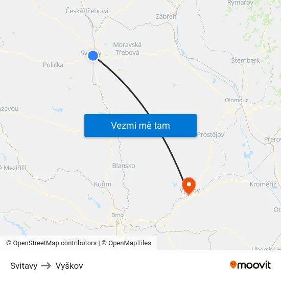 Svitavy to Vyškov map