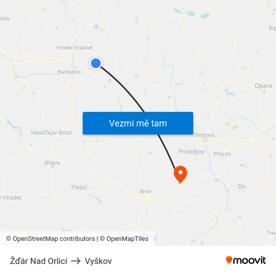 Žďár Nad Orlicí to Vyškov map