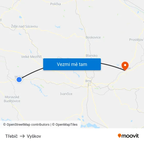 Třebíč to Vyškov map