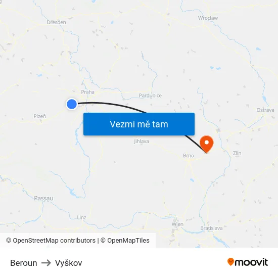 Beroun to Vyškov map