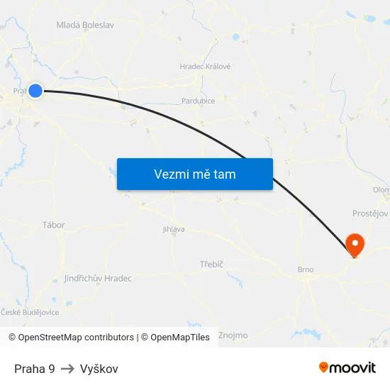 Praha 9 to Vyškov map