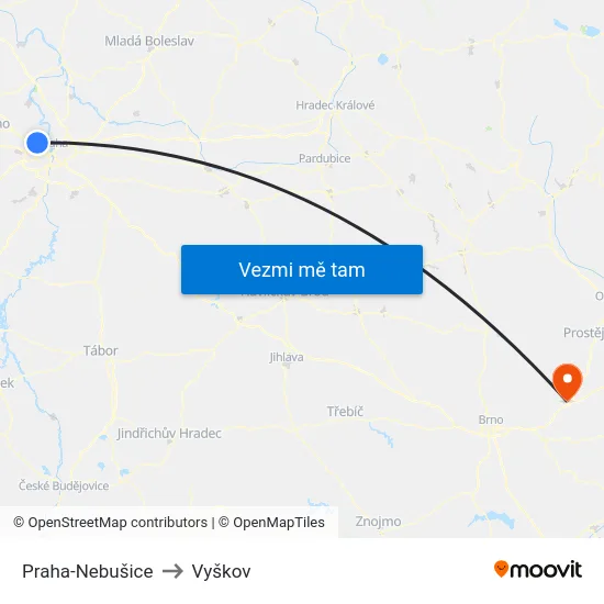 Praha-Nebušice to Vyškov map