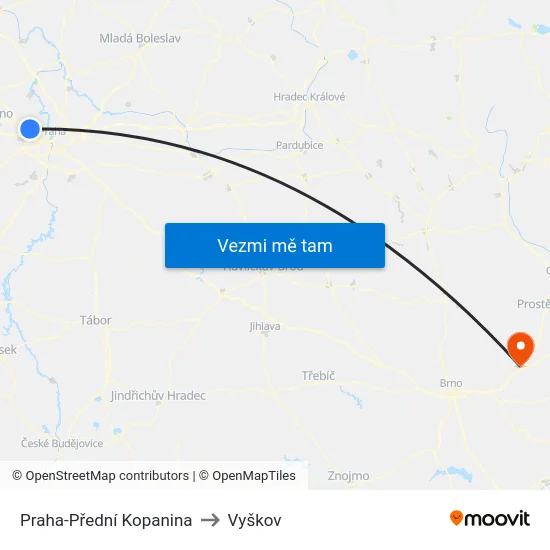 Praha-Přední Kopanina to Vyškov map
