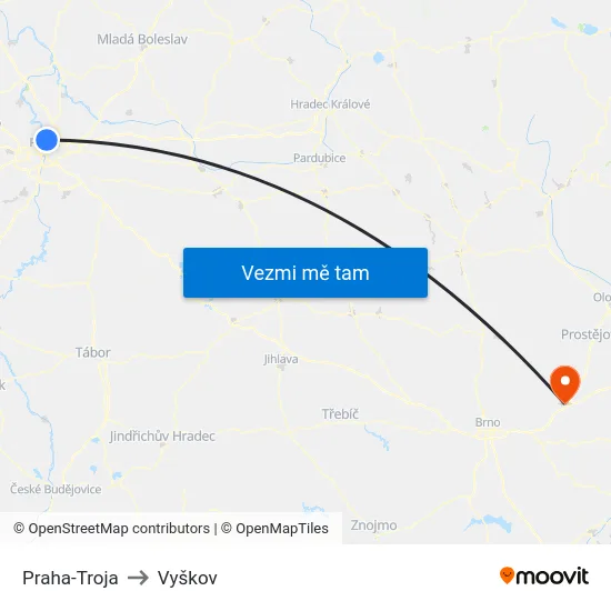Praha-Troja to Vyškov map