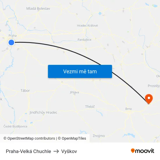Praha-Velká Chuchle to Vyškov map