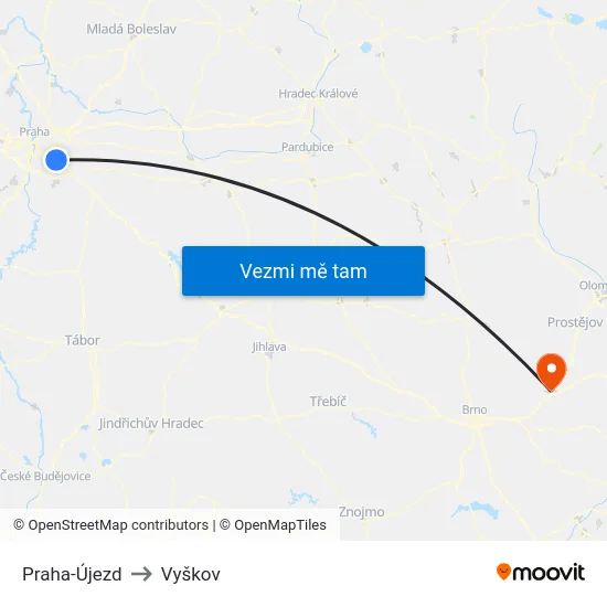 Praha-Újezd to Vyškov map