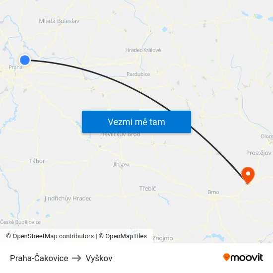 Praha-Čakovice to Vyškov map