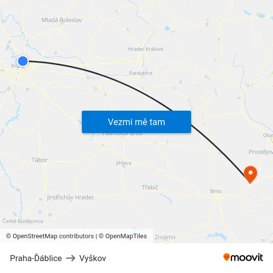 Praha-Ďáblice to Vyškov map