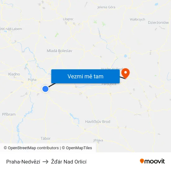 Praha-Nedvězí to Žďár Nad Orlicí map