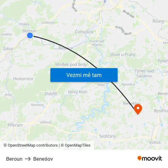 Beroun to Benešov map