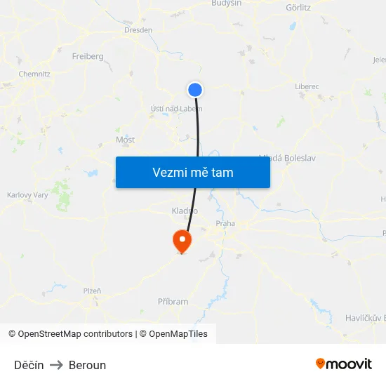 Děčín to Beroun map