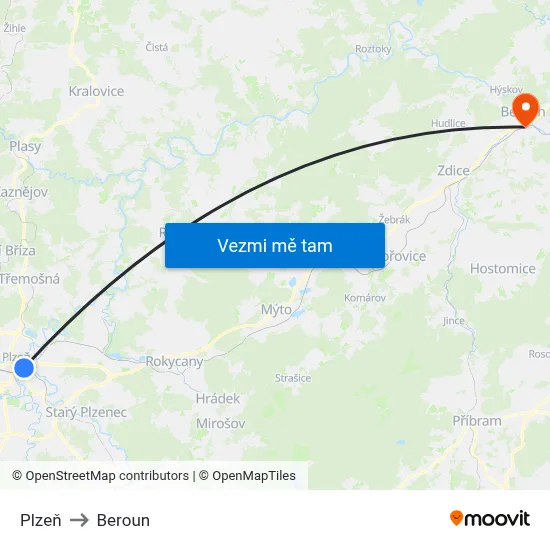 Plzeň to Beroun map