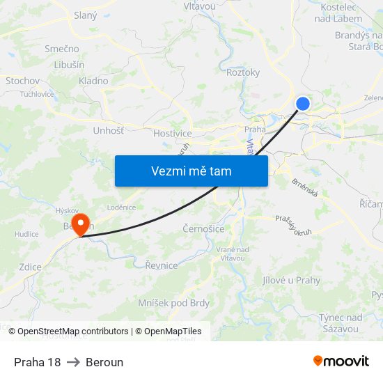 Praha 18 to Beroun map