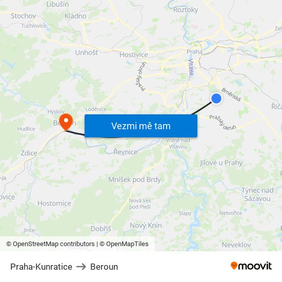 Praha-Kunratice to Beroun map