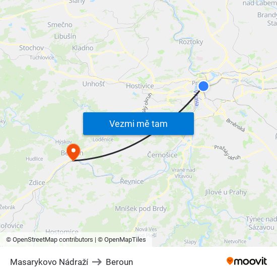 Masarykovo Nádraží to Beroun map