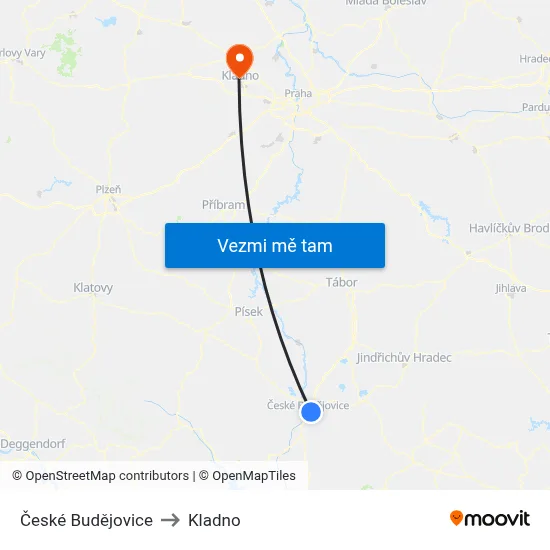 České Budějovice to Kladno map