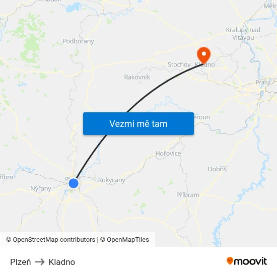 Plzeň to Kladno map