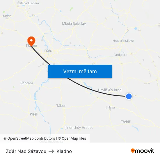 Žďár Nad Sázavou to Kladno map